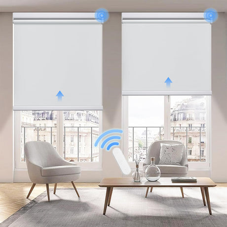 Grandekor Motorized Roller Shade with Remote Control,Motorized Blinds 100% Blackout Electric Shades, Cordless Window Blinds Shades for Bedroom Living Room Office,White,W34 xH72 Grandekor