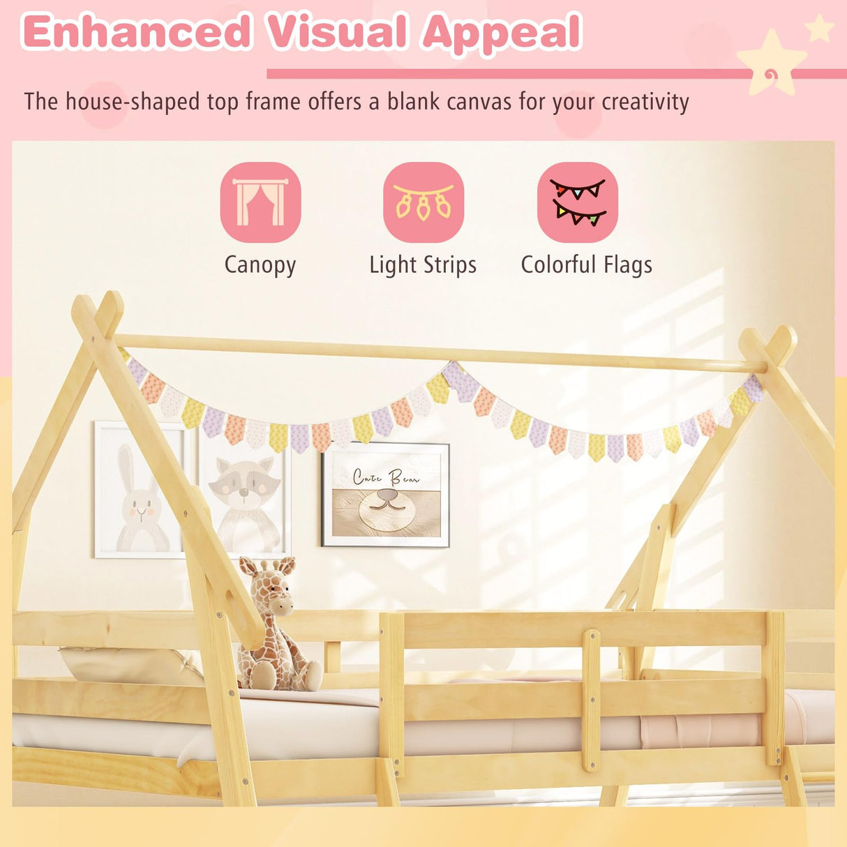 Giantex Twin Over Queen Bunk Bed, Wood House Bunk Bed for Kids with Climbing Nets and Ramp, Floor Queen Size Bunk Beds with Safety Guardrail, No Box Spring Needed, for Boys Girls Adults (Natural) Giantex