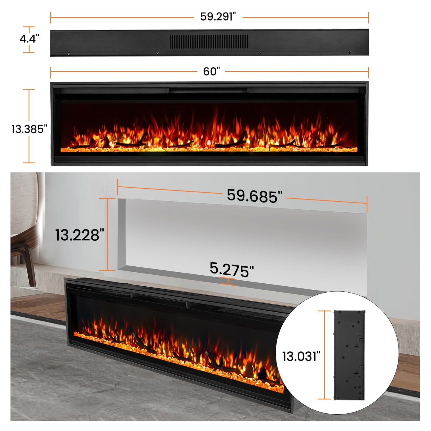 TUAN 60 inch Electric Fireplace Inserts, Ultra Thin Wall Mounted Fireplace with Remote Control, Multicolor Realistic Flame, Touch Screen, Thermostat, Timer, 750w/1500w (Log & Crystal Included) (60")