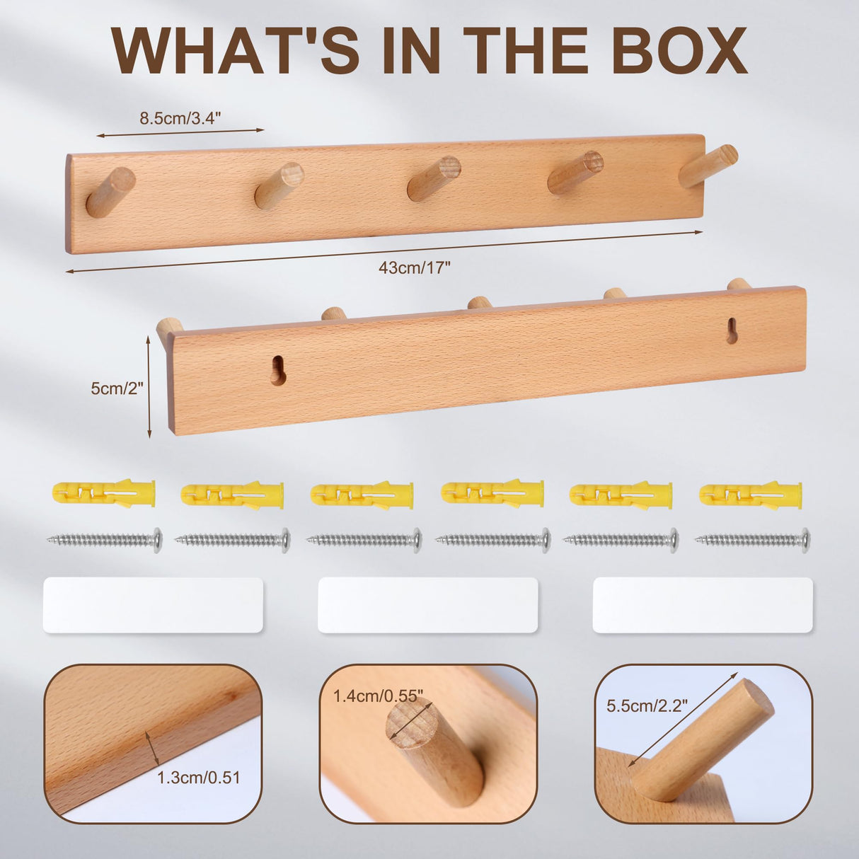 evory 2 Pack Coat Rack Wall Mount, 17 Inch Coat Hooks for Hanging, Wooden Wall Hooks Rack Coat Hanger for Purse Clothes Jacket Backpack in Entryway Mudroom Bathroom Kitchen, Beech Wood evory