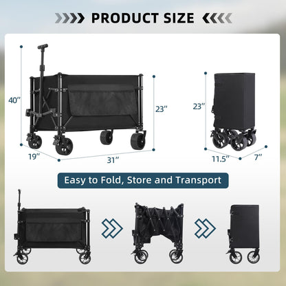 Favoyard Collapsible Foldable Wagon, 150L & 220LBS Weight Capacity Heavy-Duty Portable Beach Wagons w/All-Terrain Wheels & Brakes, Folding Utility Cart for Camping, Shopping, Sports, Grocery, Black