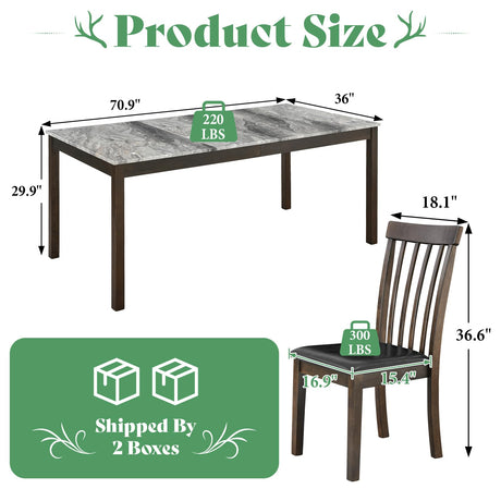AMERLIFE 7-Piece Dining Table Set, 71" Faux Marble Modern Table with 6 PU Leather Upholstered Chairs, Heavy-Duty Solid Wood Set for Kitchen & Dining Room, Dark Brown AMERLIFE