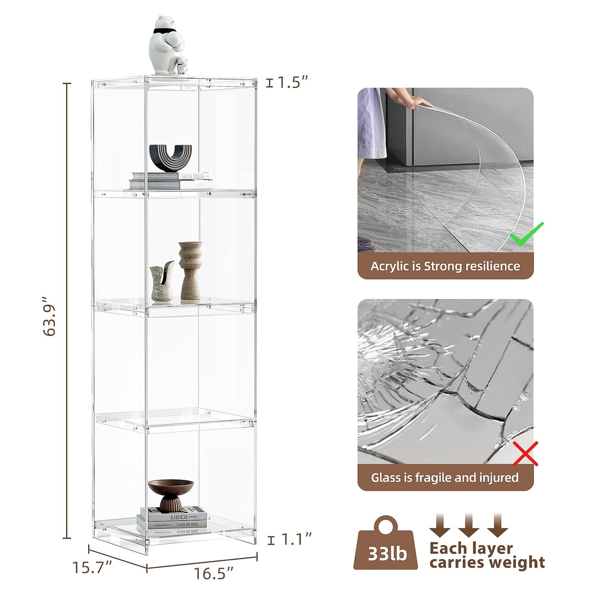 Acrylic Display Cabinet, 4-Tier Display Case in Bedroom, Living Room, Playroom, Modern Style (16" D x 16" W x 62" H) bitaycan