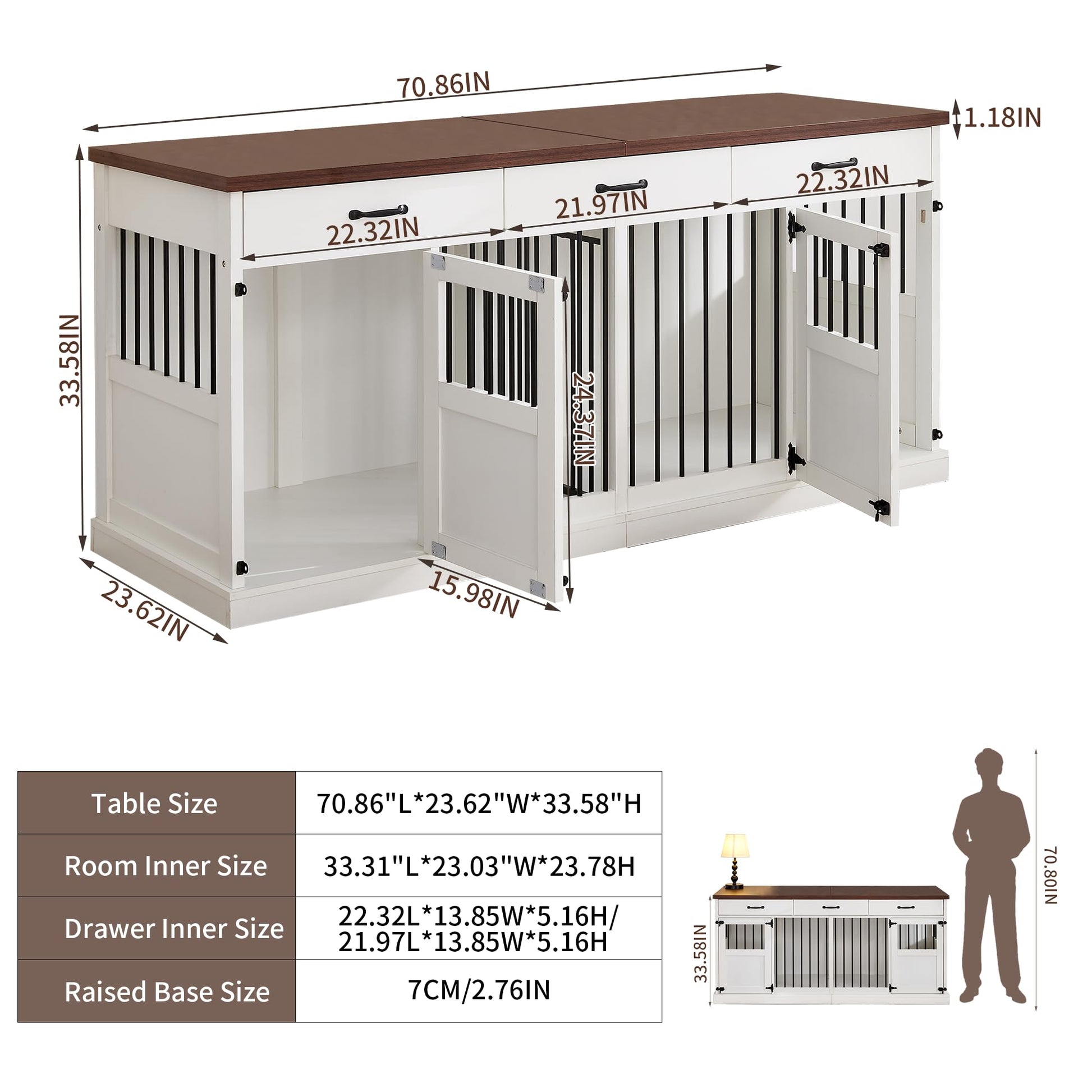 70.9 inches Dog Crate Furniture for 2 Dogs Double Dog Crate Wooden Heavy Duty Dog Kennel Furniture TV Stand with 3 Drawers for Large Medium Dogs White - WoodArtSupply