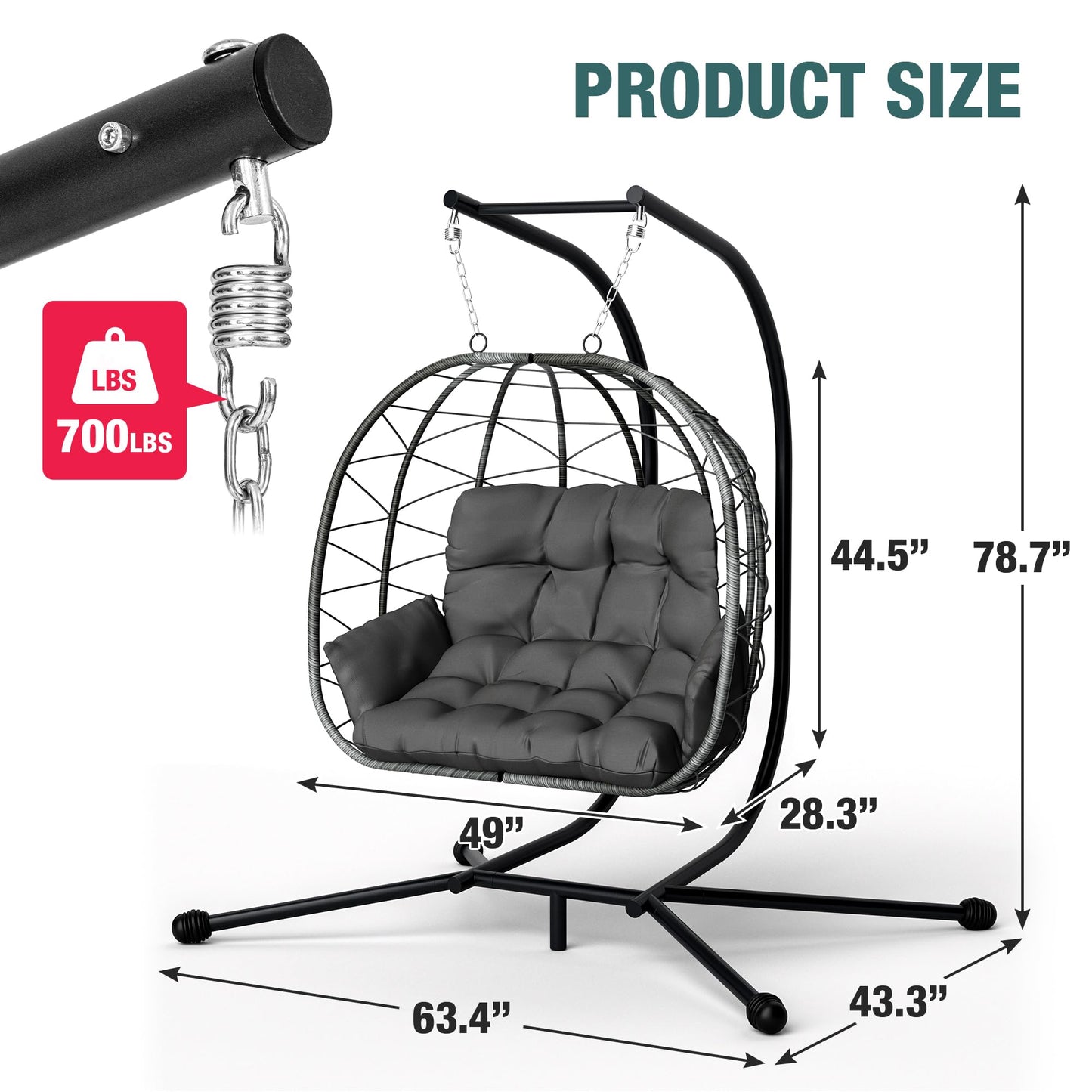 Pamapic Double Swing Egg Chair,Love Seat Proch Swing Egg Chair, 700 LBS Hanging Egg Chair with UV Resistant Wicker, Patio Furniture Waterproof Cushions Hammock Chair with Stand and Armrest, Gray