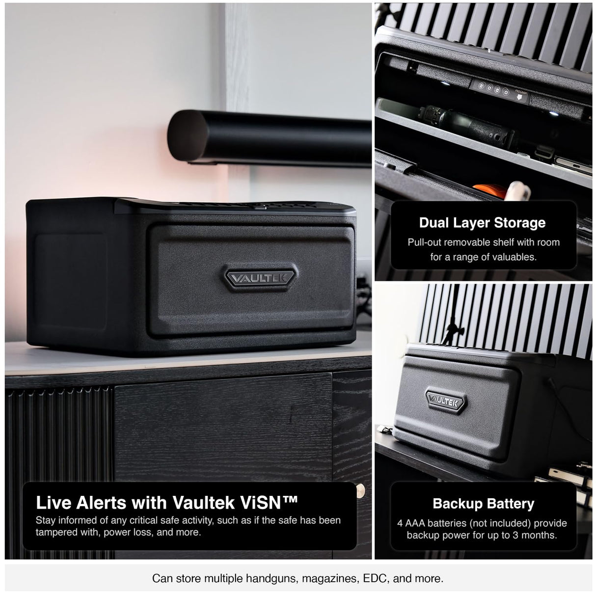 VAULTEK MR Series Dual Layer Smart Handgun Safe Multiple Pistol Storage Smart Safe with Biometric Scanner, Live Alerts, and Auto-Open Door (Biometric + WiFi) VAULTEK