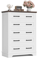 Furmax Farmhouse Dresser for Bedroom, 5 Drawers Dresser, Wood Chest of Drawers, 31.5" Wide Storage Dressers Organizer for Bedroom, Living Room (White and Brown) Furmax