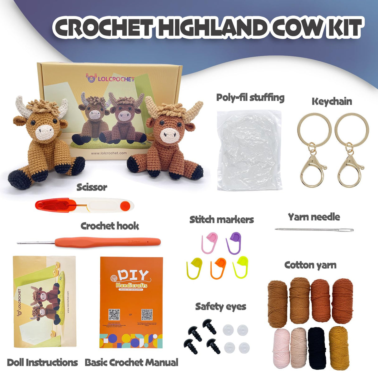 Highland Cow Crochet Kit for Beginners Intermediates - 2 Pcs Animals Craft Crochet Starter Kit with Step-by-Step Video Tutorial, Easy Knitting Set for Adults Kids, Women Learn to Crocheting Gift Idea LOLCROCHET