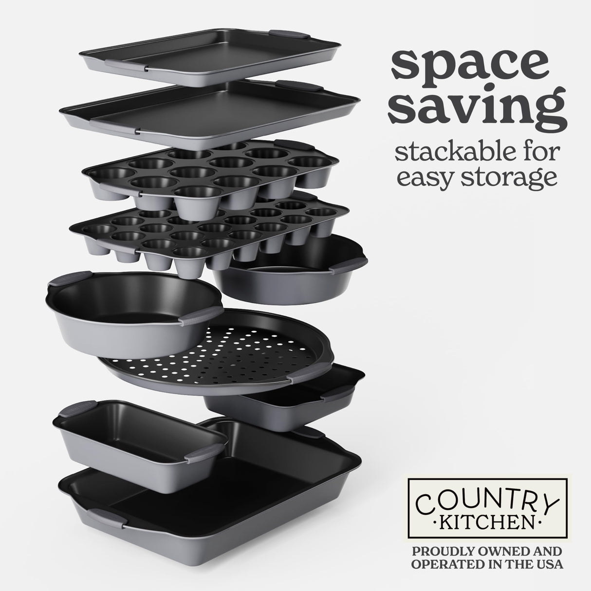 Country Kitchen Nonstick Stackable Bakeware Set - Durable, Easy Release Baking Set, Gray, 10 Pcs Country Kitchen