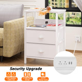 Furologee End Table with Charging Station, Nightstand with Fabric Drawers, Side Tables with USB Ports & Outlets, Night Stand with Storage Shelf & Hooks, for Living Room/Bedroom, White Furologee