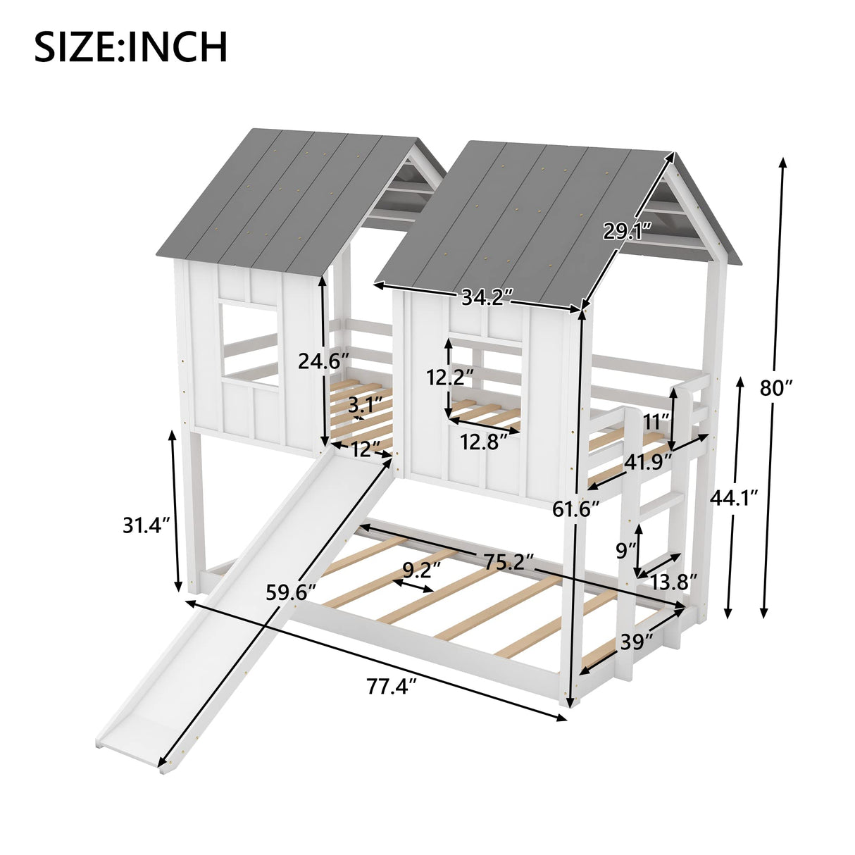 Polibi Slide Wooden Bunk Bed with Windows, Ladder, Guardrails and Twin Size in White Polibi