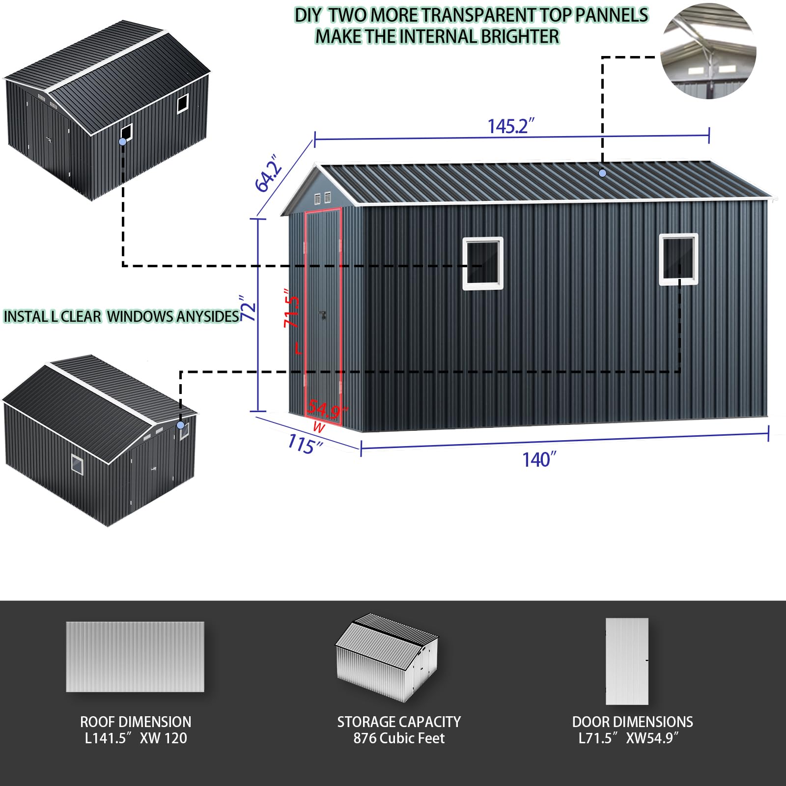 MistMo 10X12X7.5 FT Outdoor Steel Storage Shed with Lockable Doors, 2 Windows, Transparent Roof Panels (Wood Panels & Frame Floor Not Included), Ideal for Garden, Backyard, Patio Storage - WoodArtSupply