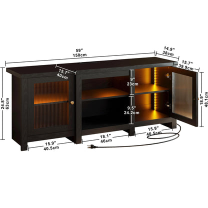 IRONCK TV Stand for 65 inch TV, Entertainment Center with Power Outlet and LED Light, TV Console Cabinet for Living Room/Bedroom, Black