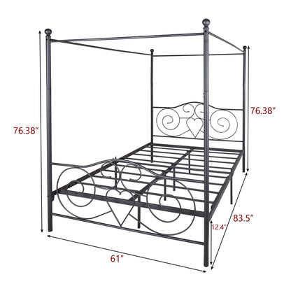 SYING88 Metal Canopy Bed Frame with Ornate European Style Headboard & Footboard Four-Poster Canopied Platform Bed/Sturdy Steel H/Under-Bed Storage Space/No Box Spring Needed/Easy Assembly/Black