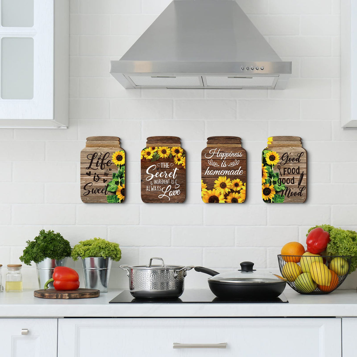 4 Pcs Kitchen Wall Decor Mason Jar Set Wooden Rustic Home Decor Inspirational Kitchen Hanging Farmhouse Wall Signs for Home decoration(Sunflower) Qunclay