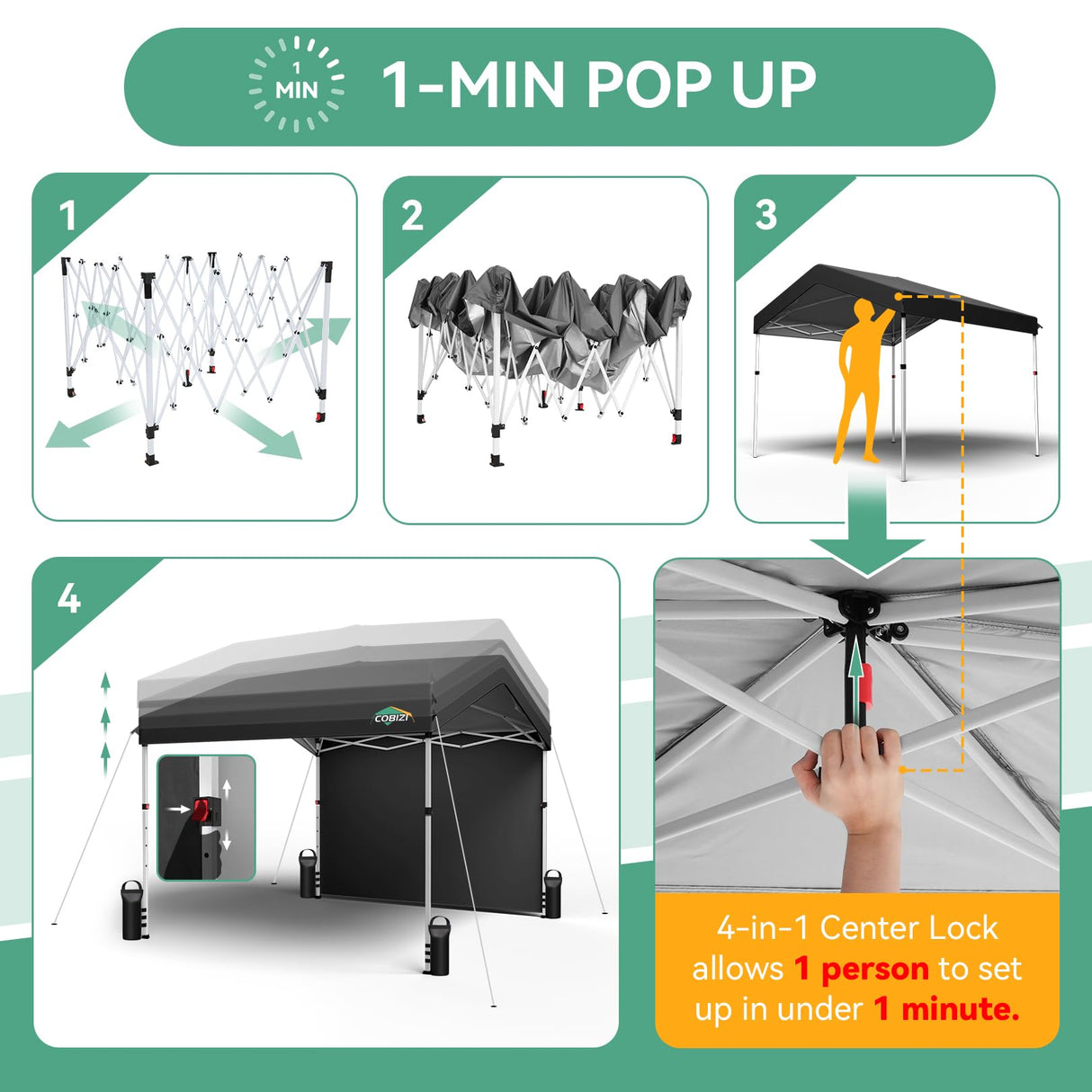 COBIZI Canopy Tent 10x10 Pop Up Canopy with One Button Push Center Lock, Portable Carport with 1 sidewall, 10x10 Carport Canopy for Parties, Commercial, Events, Waterproof, UPF 50+, Black COBIZI