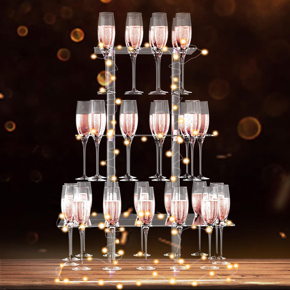 Champagne Display Holder Stand for Party, 3 Tier Clear Acrylic Wine Glass Stemware Rack Champagne Flute Holder with Led Light, Cocktail Tree Stand, 32 Slots, Measures 26" x 20" x 12" HeiMma