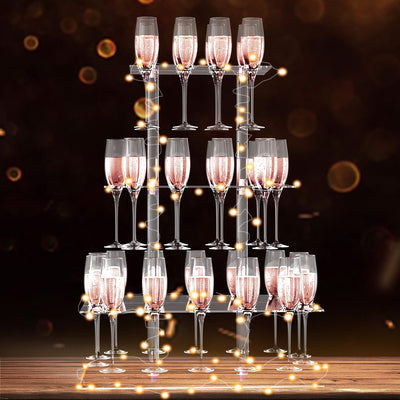 Champagne Display Holder Stand for Party, 3 Tier Clear Acrylic Wine Glass Stemware Rack Champagne Flute Holder with Led Light, Cocktail Tree Stand, 32 Slots, Measures 26" x 20" x 12"