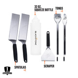 Blackstone 5464 Griddle Tool Kit Outdoor Indoor Grill BBQ Utensils Cooking Accessories-Heat Resistant– 2 Long Spatulas, 2 Angled Scraper Classic Tong, 1 (32oz) Squeeze Bottle, Black, Silver, White BLACKSTONE