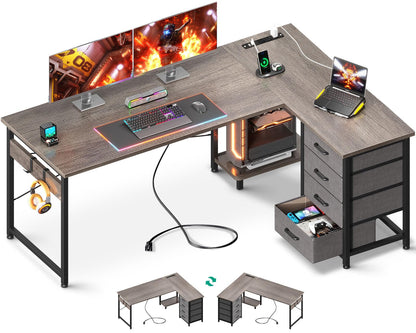 AODK L Shaped Desk with 4 Tier Drawers, 61" Reversible Gaming Desk with Power Outlets, L Shaped Computer Desk with USB Charging Port and Host Stand, Home Office Corner Desk, Easy to Assemble, Grey Oak