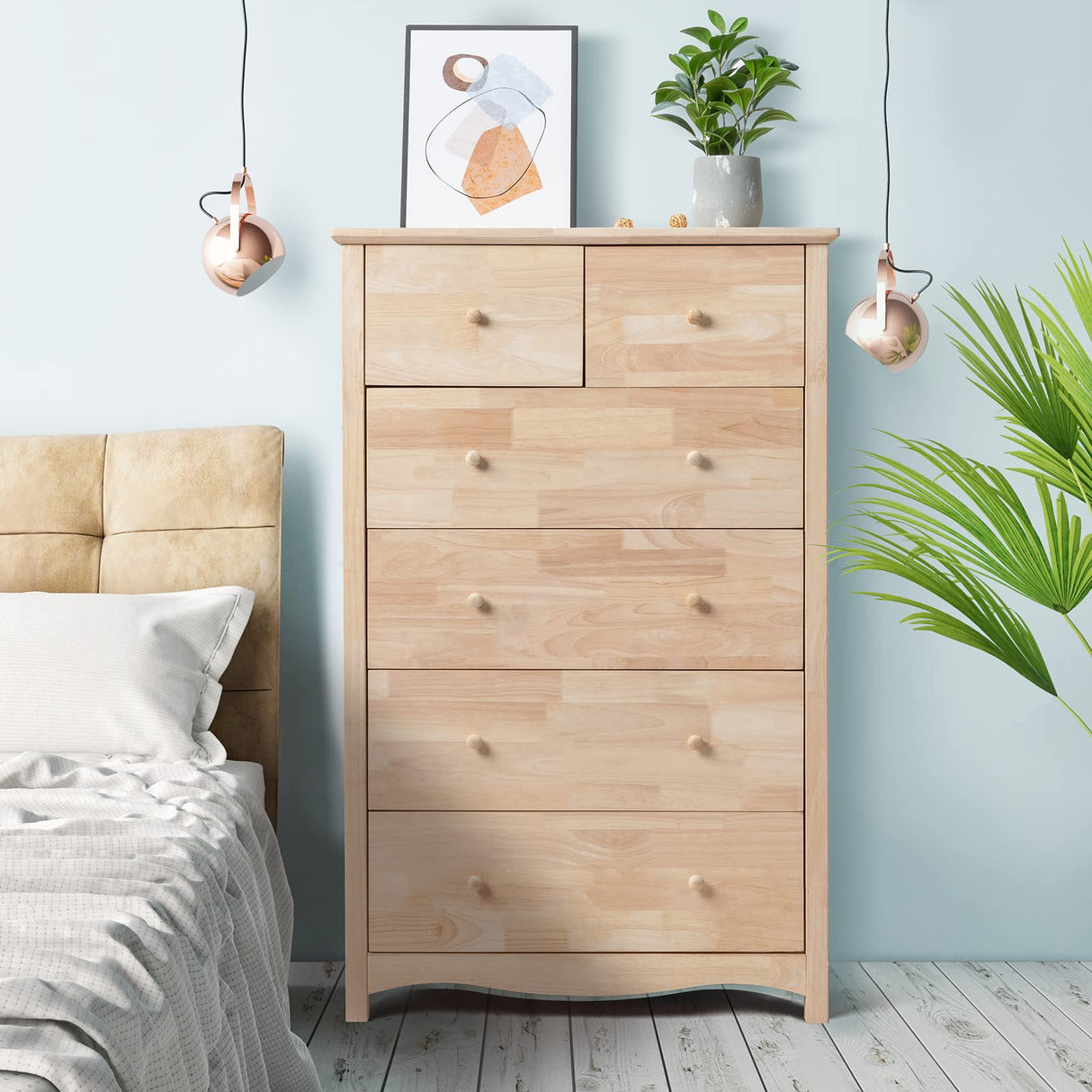 VINGLI Upgraged Unfinished 6 Drawer Dresser for Bedroom Natural Solid Wood Dresser Color DIY, Rustic Farmhouse Tall Dresser with Spacious Storage Chests of Drawers with Full Extension Drawer Slides VINGLI