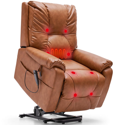 AIRSKY Power Lift Recliner Chair, Faux Leather, with Vibration Massage & Lumbar Heating, Dual Cup Holders & Side Pockets, Ideal for Elderly, Living Room, P3, Brown