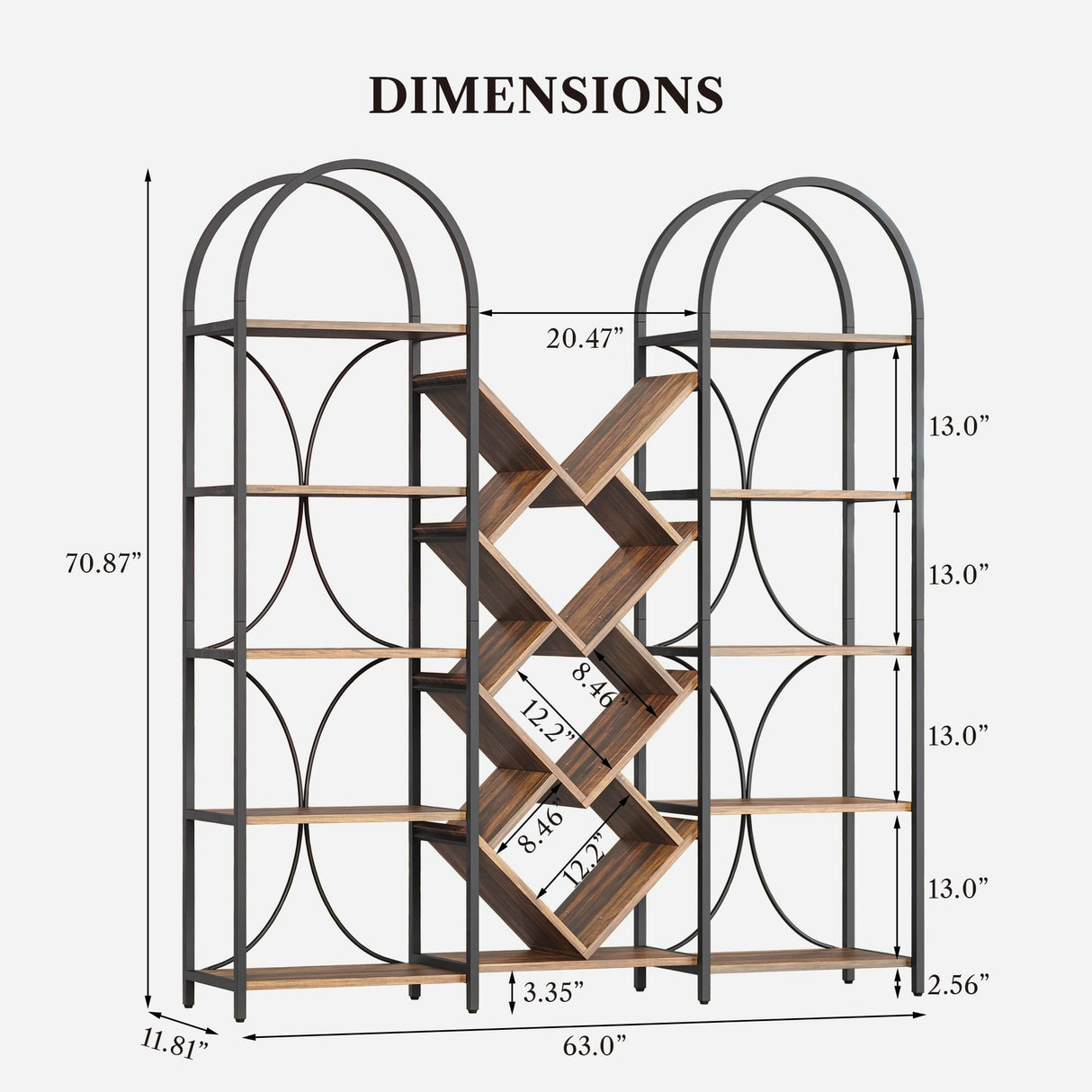 LIKEMET Triple 5 Tier Bookshelf, Bookcase with 18 Open Display Shelves, Wide Tree Bookshelf Metal Frame Tall Book Case for Living Room Home Office Rustic Brown LIKEMET