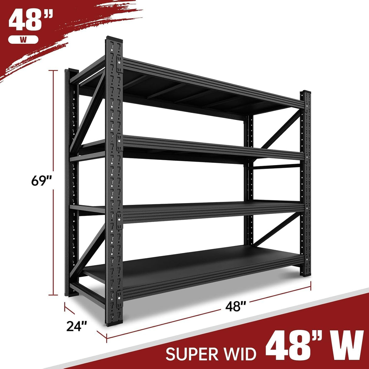 RAVIGIN 48" W Storage Shelves, 3000LBS Garage Shelving Heavy Duty Metal Adjustable Garage Shelves, Shelving Units Industrial Shelving for Warehouse, 48" W x 24" D x 69" H, Black RAVIGIN