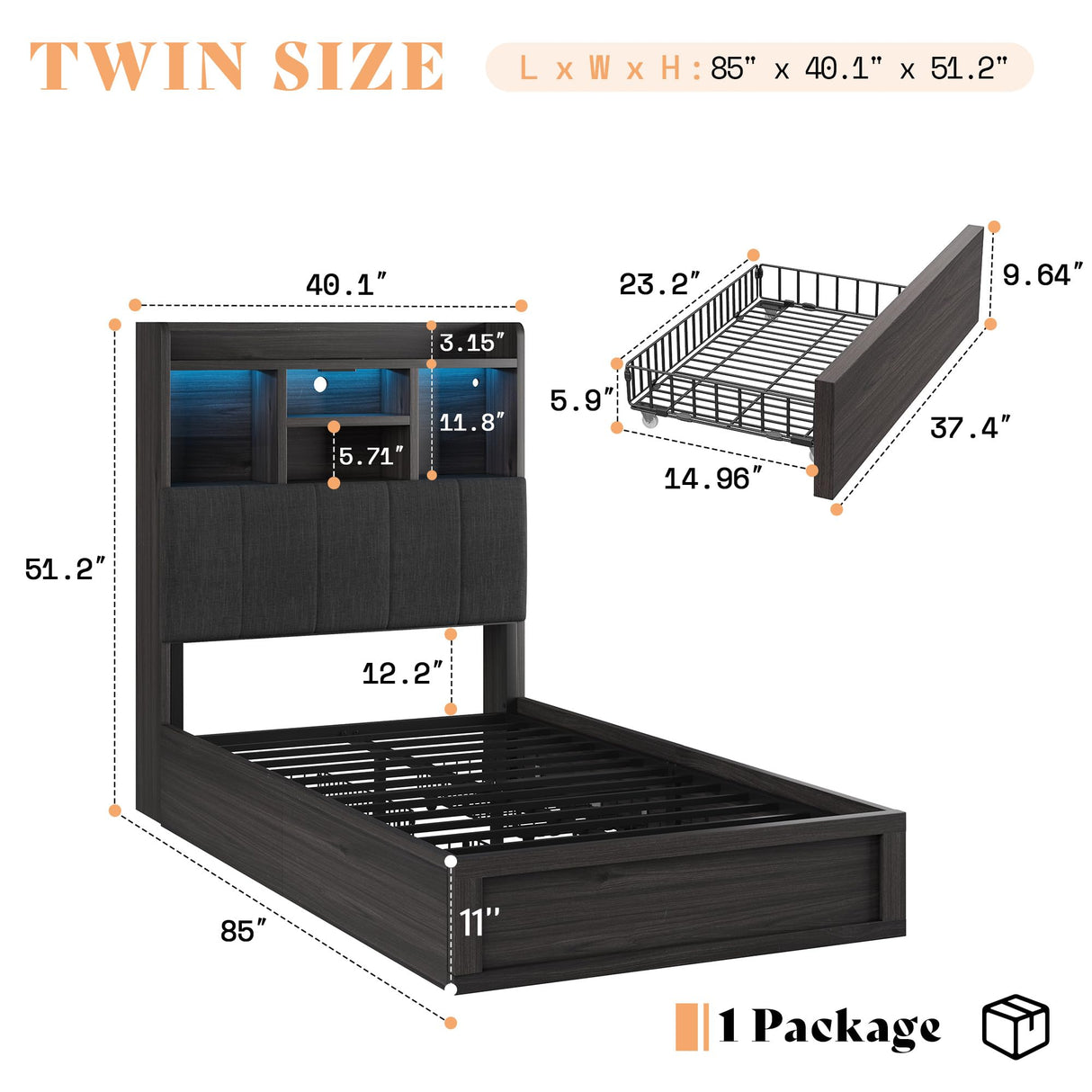 AMERLIFE Twin Bed Frame with 51.2" Tall Bookcase Headboard, Farmhouse Platform Bed with 4 Storage Drawers, Linen Upholstered, Charging Station & Storage, Rustic Black AMERLIFE