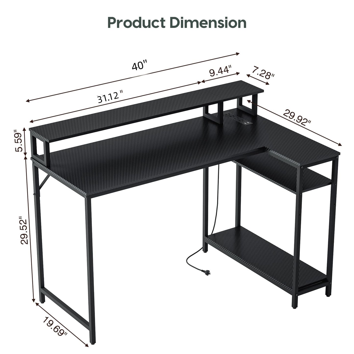 WASAGUN Gaming Desk with LED Lights & Power Outlets, 40 Inch L Shaped Carbon Fiber Surface Desk with Storage Shelves, Small Corner Computer Desk with Monitor Shelf, Black Carbon Fiber - WoodArtSupply