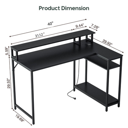 WASAGUN Gaming Desk with LED Lights & Power Outlets, 40 Inch L Shaped Carbon Fiber Surface Desk with Storage Shelves, Small Corner Computer Desk with Monitor Shelf, Black Carbon Fiber - WoodArtSupply