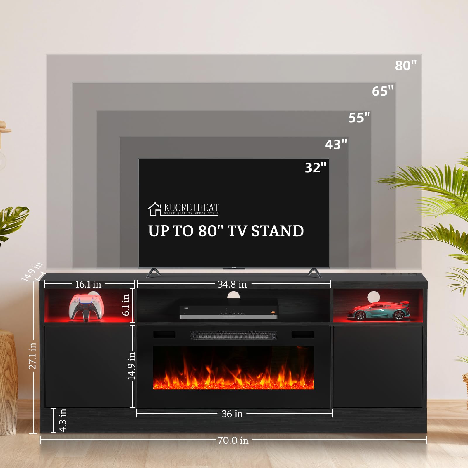 Kucreiheat 70'' TV Stand with 36'' Fireplace-LED Light Entertainment Center for 75+ inch TV-Black TV Cabinet with Storage, Modern TV Console for Living Room - WoodArtSupply