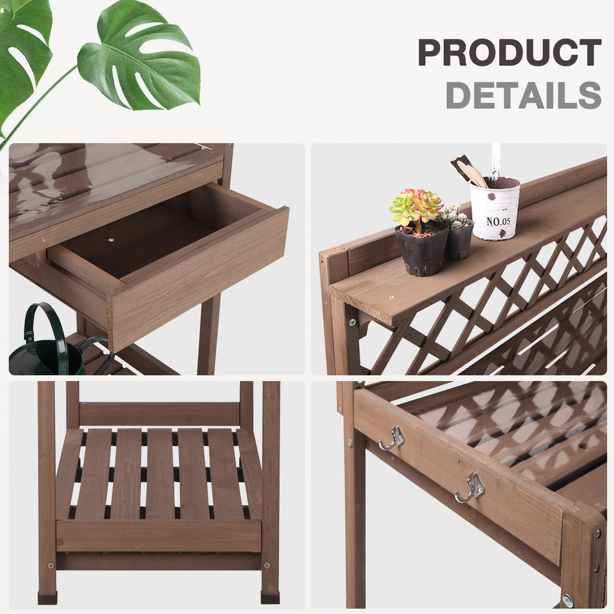 Potting Bench Potting Table Potting Benches for Outside 44 Inch Fir Wood Garden Potting Station Garden Table PVC Layer Storage Shelf Sink Drawer Hooks MEDEHOO