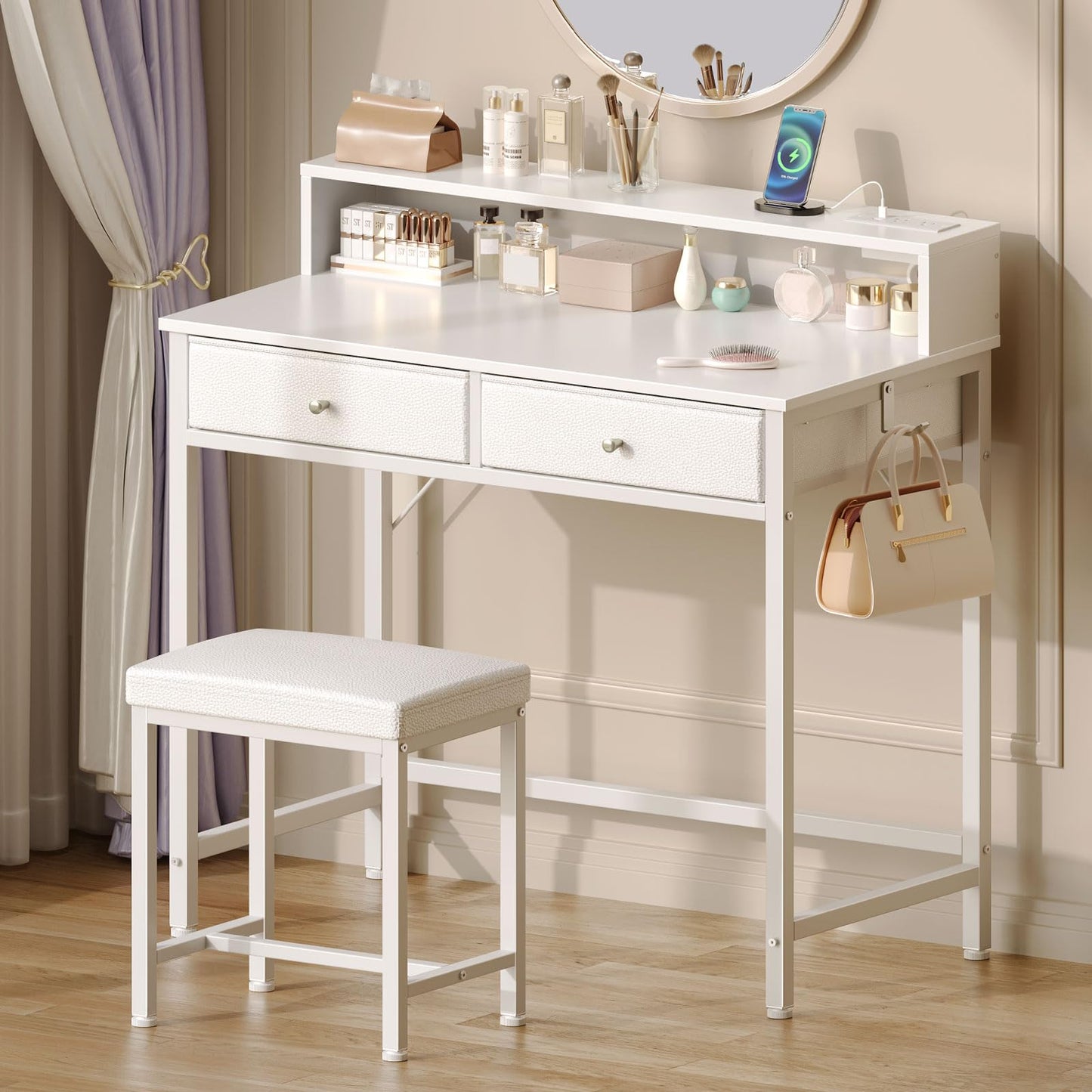 Seventable Vanity Desk without Mirror, Makeup Vanity with Drawers and Charging Station, Small Desk with Storage for Bedroom, Simple Home Office Computer Desk for Small Spaces, White - WoodArtSupply