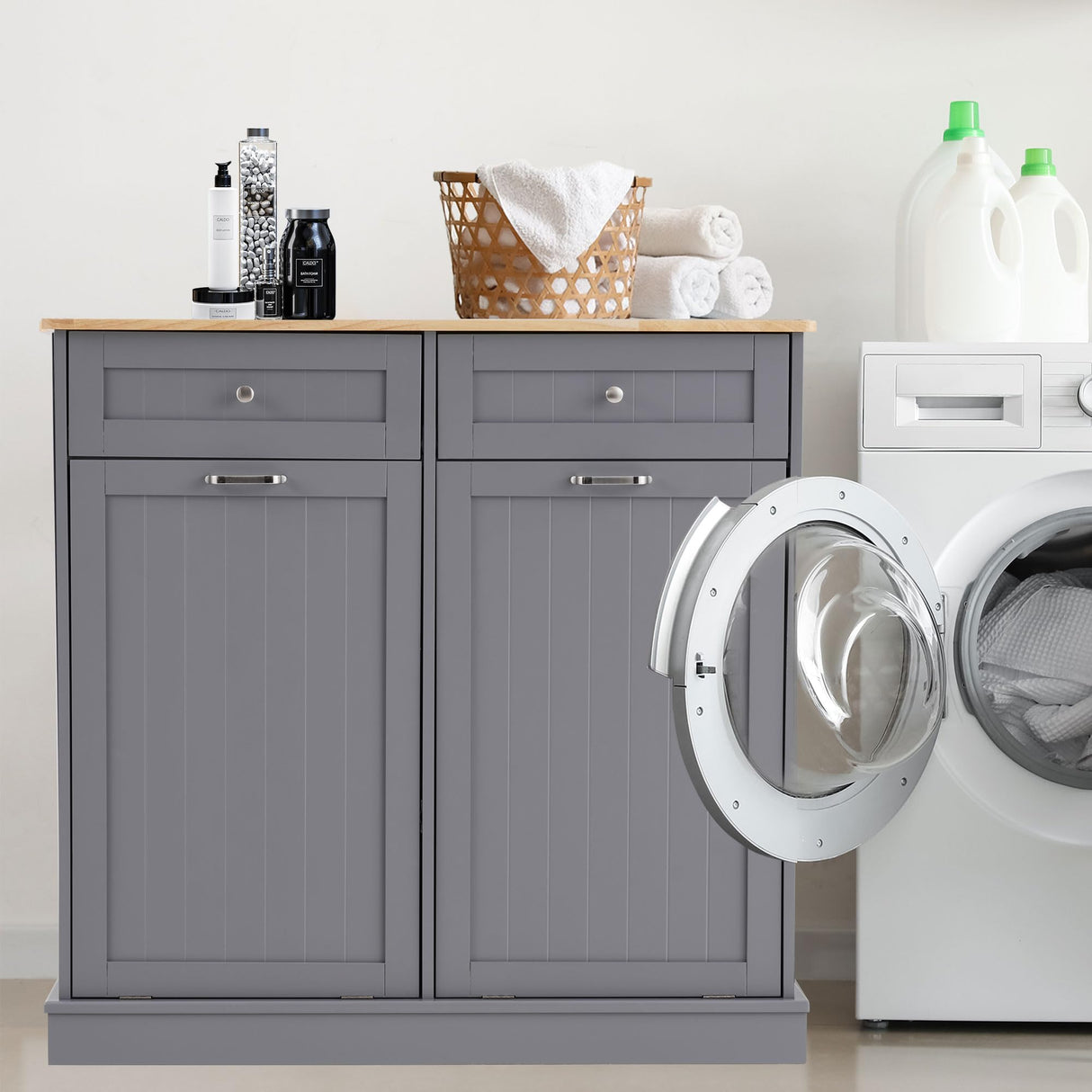 Ancohom Double Tilt Out Trash Cabinet Kitchen Waste Bins,Laundry Hamper Tilt Out Trash Can Cabinet 2 * 13 Gallon Pet Proof Trash Can for Kitchen (Grey) Ancohom