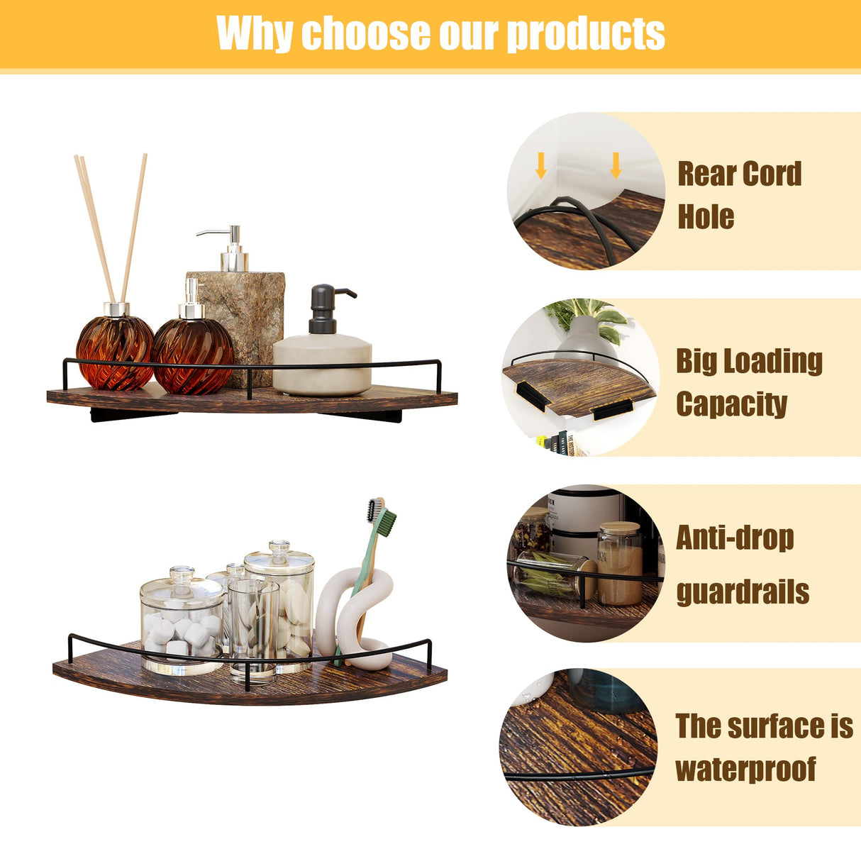 FNBAR Corner Floating Shelves, Rustic Brown Wood, Set of 2, Wall Mount Storage with Guardrail for Bathroom Kitchen Living Room FNBAR