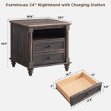 T4TREAM 24'' Farmhouse End Table w/4 Solid Wood Feet, Large 2 Drawers Wide Sofa Side Table with Charging Station, Tall Rustic Wood Square Nightstand for Living Room, Bedroom, Office, Dark Rustic Oak T4TREAM
