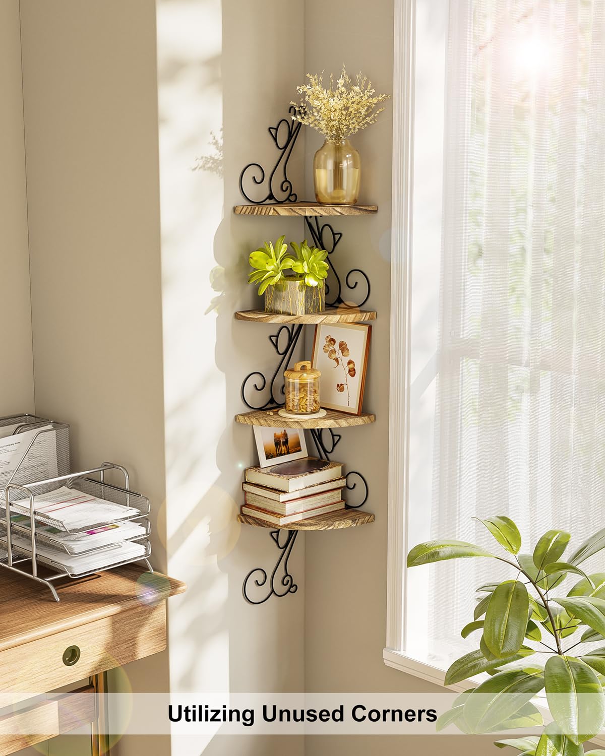 Alsonerbay Wall Mount Corner Shelves 4 Tier Floating Corner Storage Wood Shelves Decorative Rustic Radial Shelf in Cat Shape Carbonized Black Alsonerbay