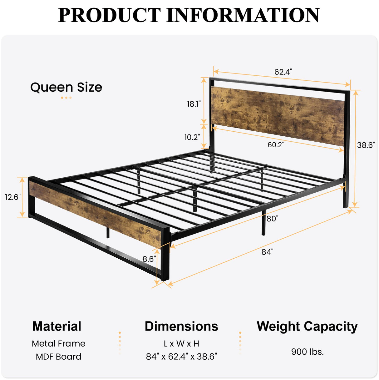 SHA CERLIN Queen Size Bed Frame with Wooden Headboard,Heavy Duty Metal Slats Support Platform,No Box Spring Needed,Rustic Brown SHA CERLIN