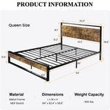 SHA CERLIN Queen Size Bed Frame with Wooden Headboard,Heavy Duty Metal Slats Support Platform,No Box Spring Needed,Rustic Brown SHA CERLIN