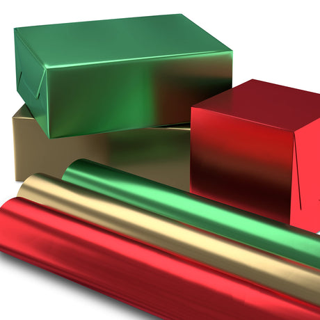 Hallmark Christmas Wrapping Paper Rolls - Solid Red, Green, Gold Metallic Foil Gift Wrap Paper (Set of 3 Rolls: 60 sq. ft. ttl.) for Holiday Parties, Hanukkah, Winter Weddings Hallmark