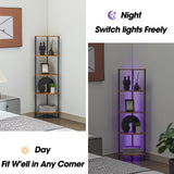 Ymesiyou 5-Tier Corner Bookshelf with LED Light, Corner Bookshelf for Tight Spaces, Narrow Display with Storage Rack, for Living Room, Bedroom, Metal Display Shelf Ymesiyou