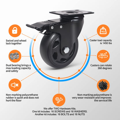 4 Inch Caster Wheels 2000lbs,Casters Set of 4,Heavy Duty Plate Casters with Double Ball Bearings,YAEMIKY Premium Polyurethane Swivel Caster Wheels for Cart,Furniture,Workbench（16pcs Screws In - WoodArtSupply