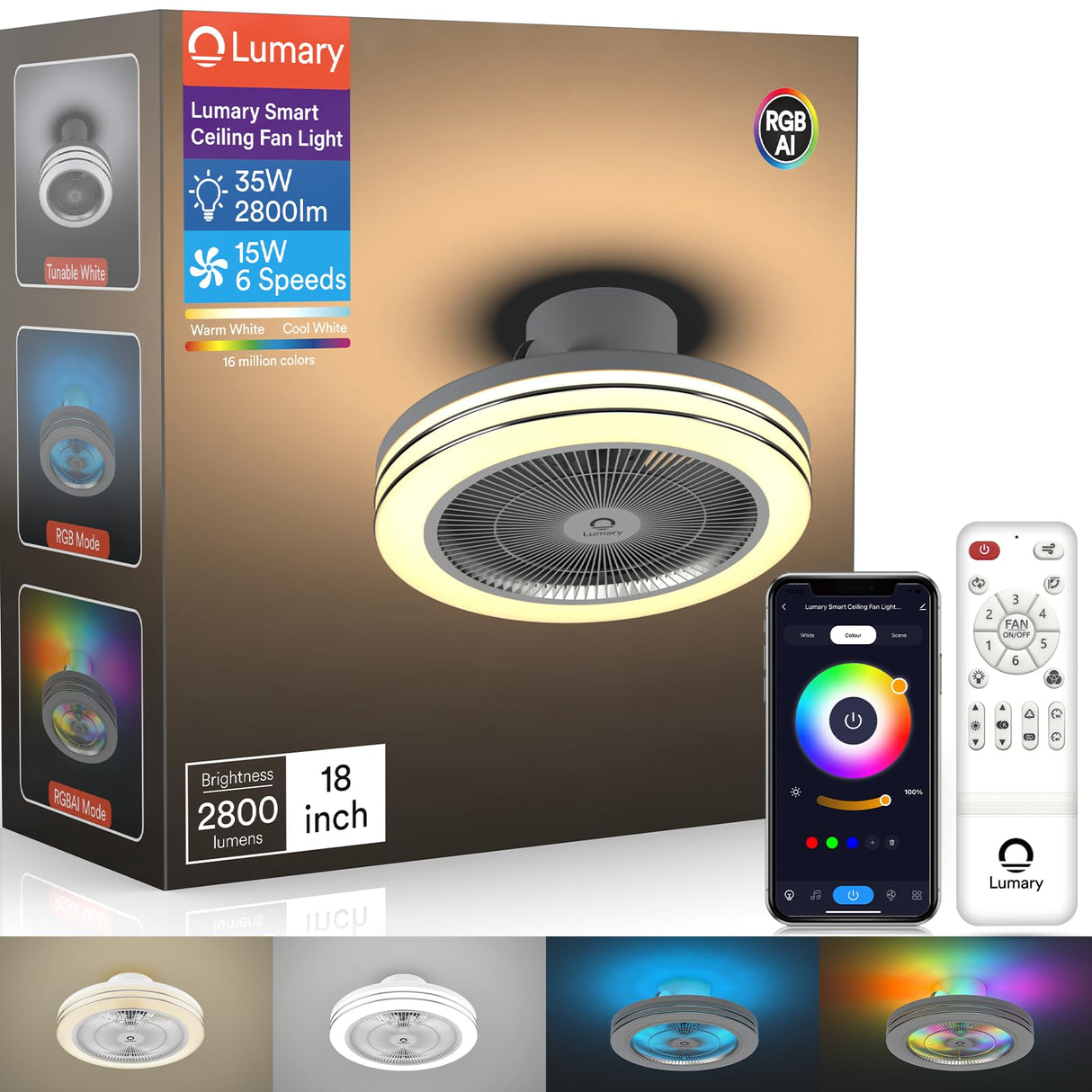 Lumary Smart WiFi & Bluetooth Ceiling Fan with RGBAI Light, Low Profile Ceiling Fan 18 Inch, 6 Speeds, Reversible - Compatible with Alexa, Google Assistant, Remote Control Lumary