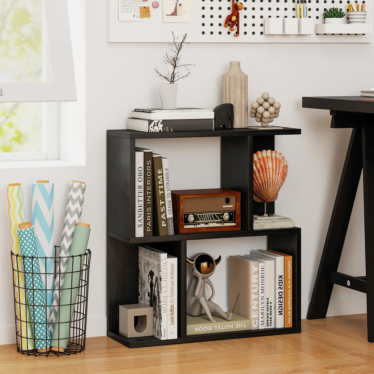 Giantex 3-Tier S-Shaped Bookshelf, Modern Geometric Bookcase, Freestanding Display Shelf for Small Space, Versatile Side Table, Wooden Storage Organizer for Home Office, Living Room (1,Black) Giantex