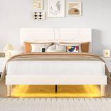 VECELO Full Size Bed Frame with LED Lights, Upholstered Velvet Headboard with Charging Station, Metal and Wood Slats, No Box Spring Needed, Noise Free, Beige VECELO