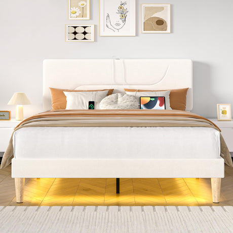 VECELO Full Size Bed Frame with LED Lights, Upholstered Velvet Headboard with Charging Station, Metal and Wood Slats, No Box Spring Needed, Noise Free, Beige VECELO