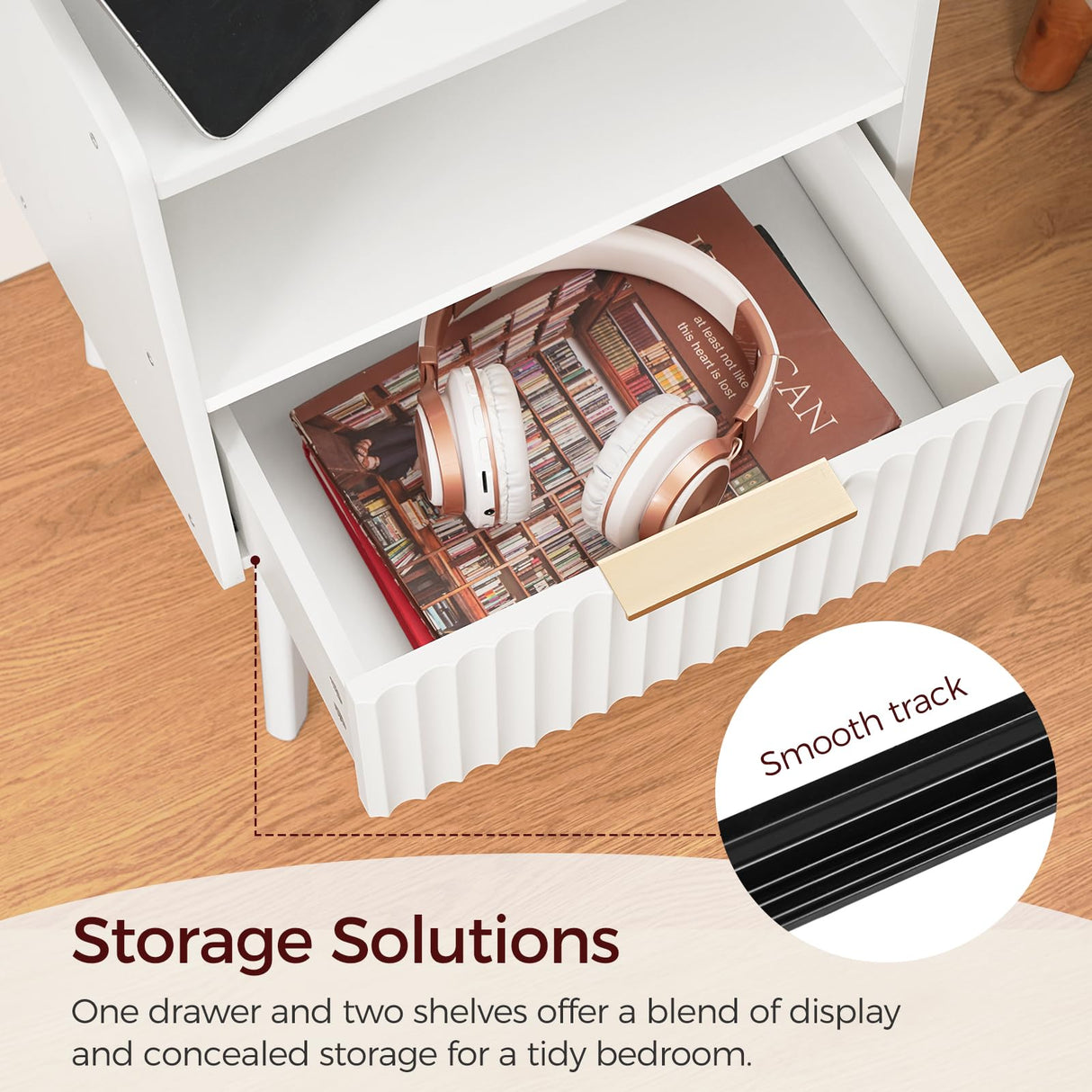 MAHANCRIS End Table Living Room Fluted Night Stand, 15.9" Modern Side Table with Charging Station，Bedside Table with Drawer for Small Spaces, Bedroom, White ETWT61E01 MAHANCRIS