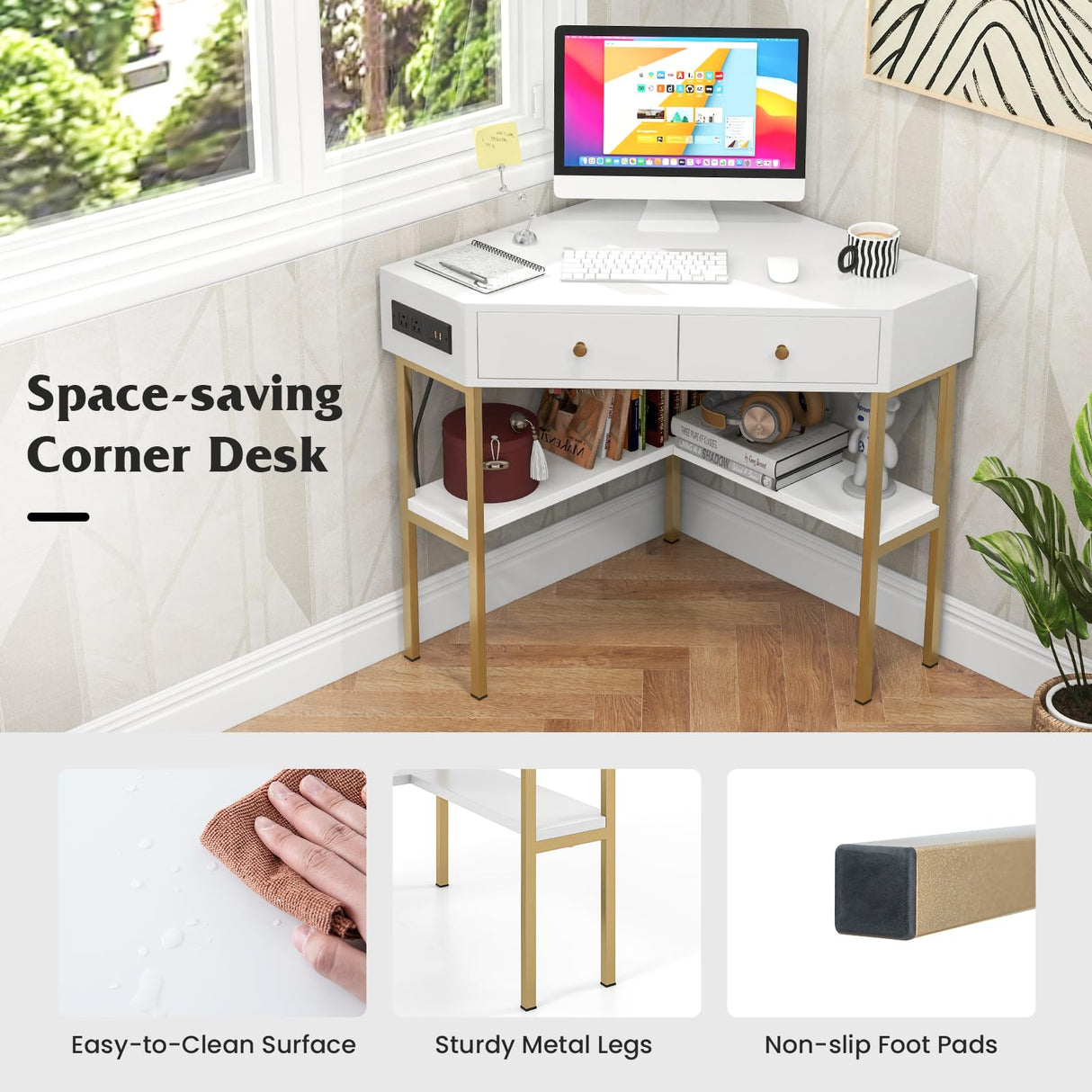 Tangkula White Corner Desk with 2 Drawers & Built-in Charging Station, 90 Degrees Triangle Corner Computer Desk for Small Space, Bedroom Makeup Vanity Desk with Storage Shelves, Corner Writing Desk Tangkula