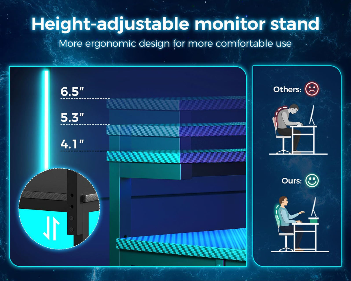 MOTPK L Shaped Gaming Desk with Power Outlet, Reversible Gaming Desk with Height Adjustable Monitor Stand, Gaming Computer Desk 43inch with LED Lights, Home Office Desk, Black MOTPK